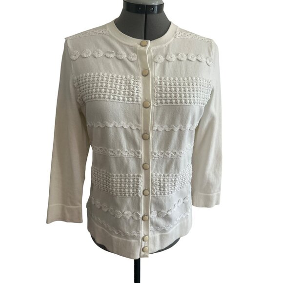 Unbranded Sweaters - Vintage-Style Ivory Textured Knit Button-Up Cardigan With 3/4 Sleeves Grannycore